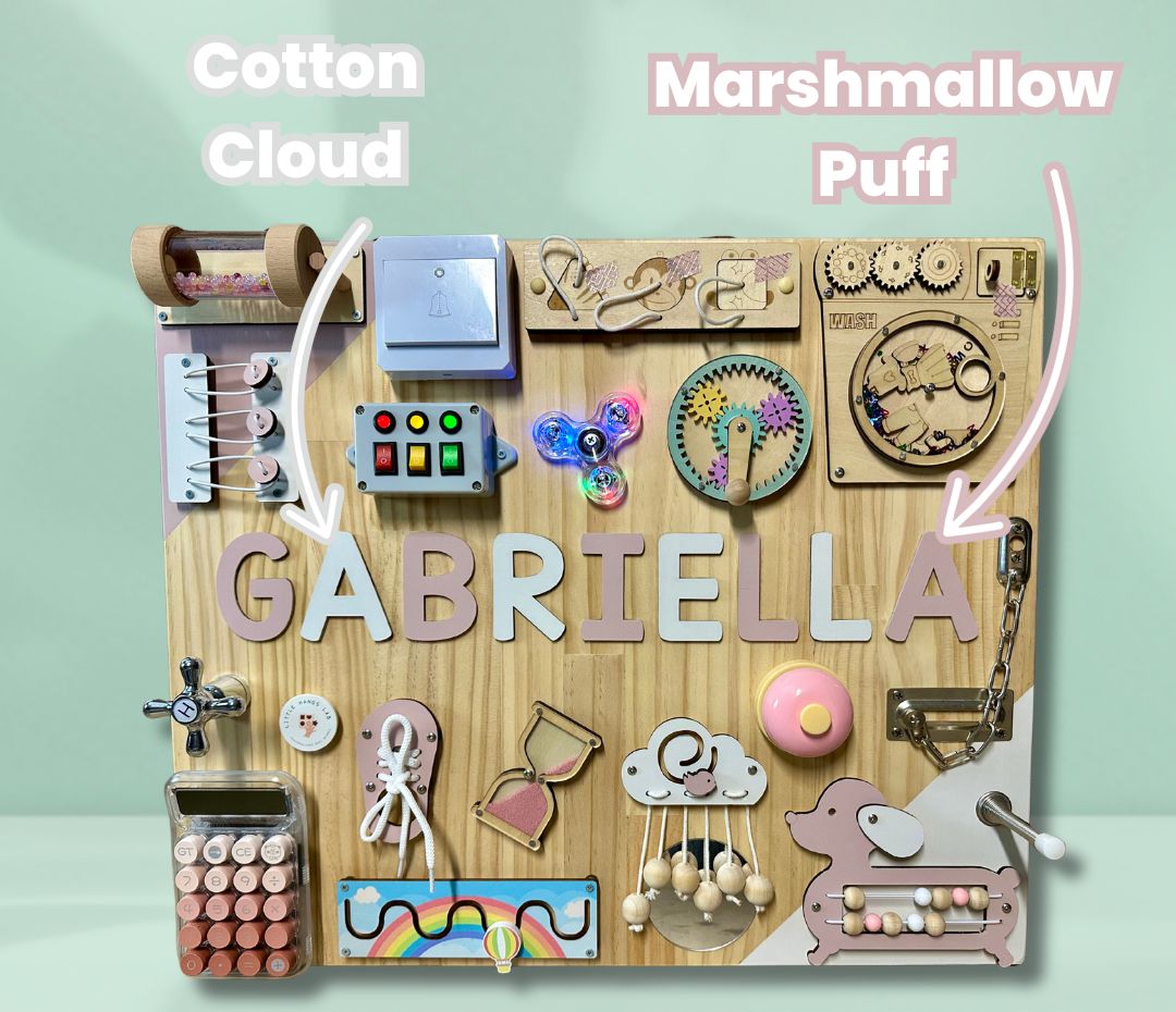 Custom toddler busy board – cotton cloud and marshmallow puff